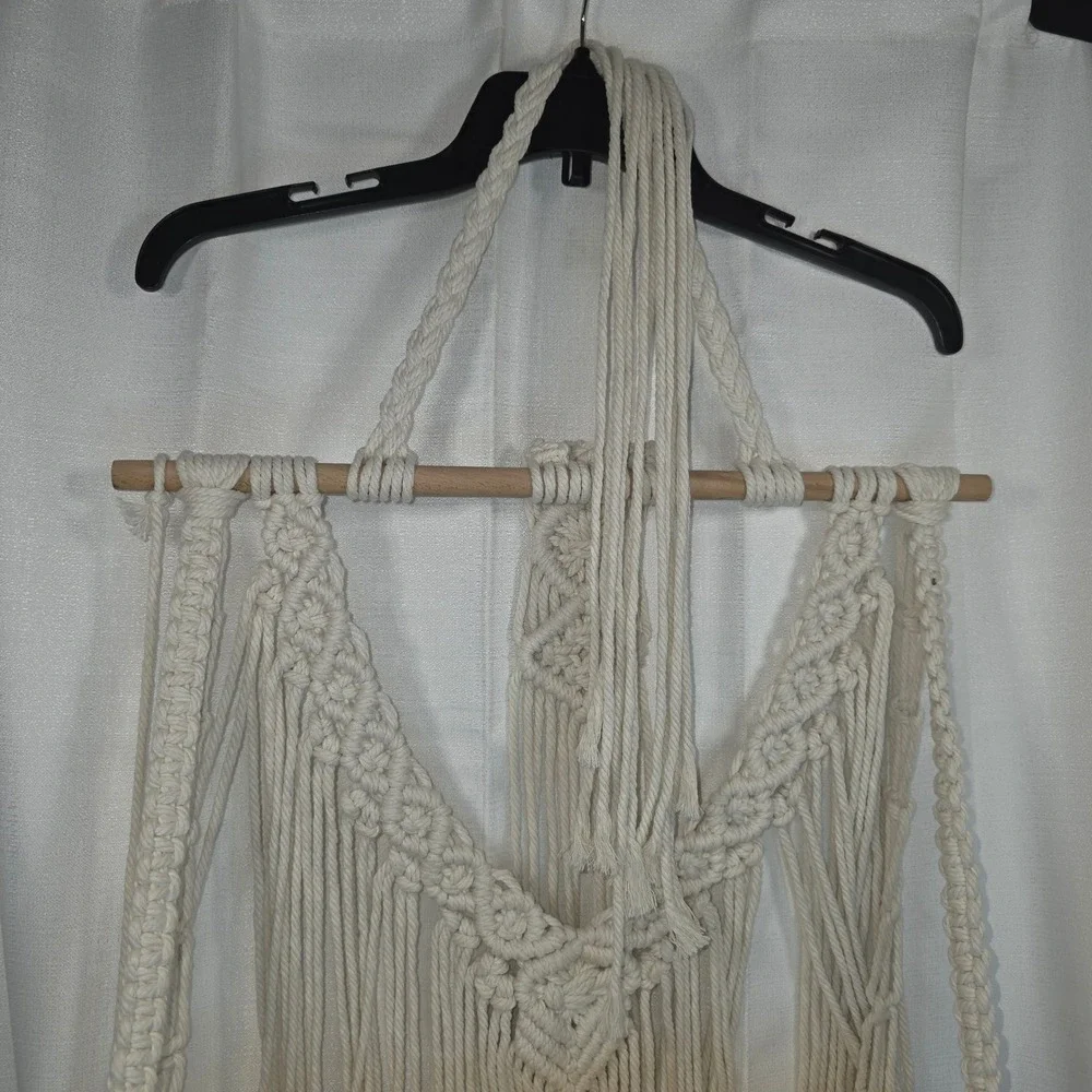 Boho Macrame Wall Hanging Shelf 2 Tier Wood Floating Plant Hanger Cream Cotton